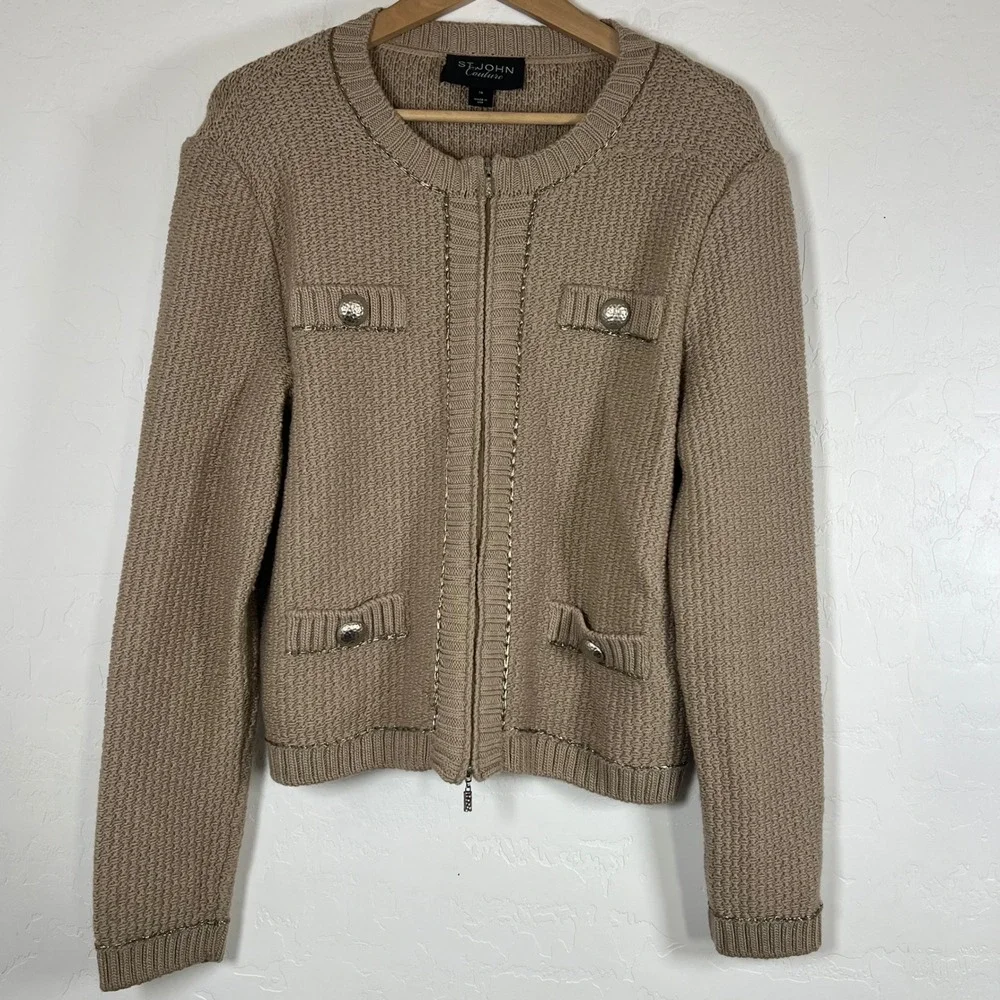 St John Couture Tan Knit Zip Jacket Metallic Trim Silver Buttons Size 16 USA